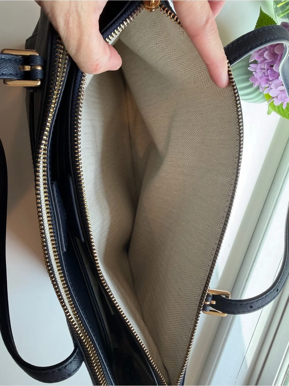 Tory Burch Emerson Double Zip Tote in Navy Saffiano Leather